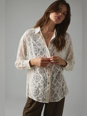 Anthropologie Pilcro Lace Cream Button-Up Blouse - Size XXS